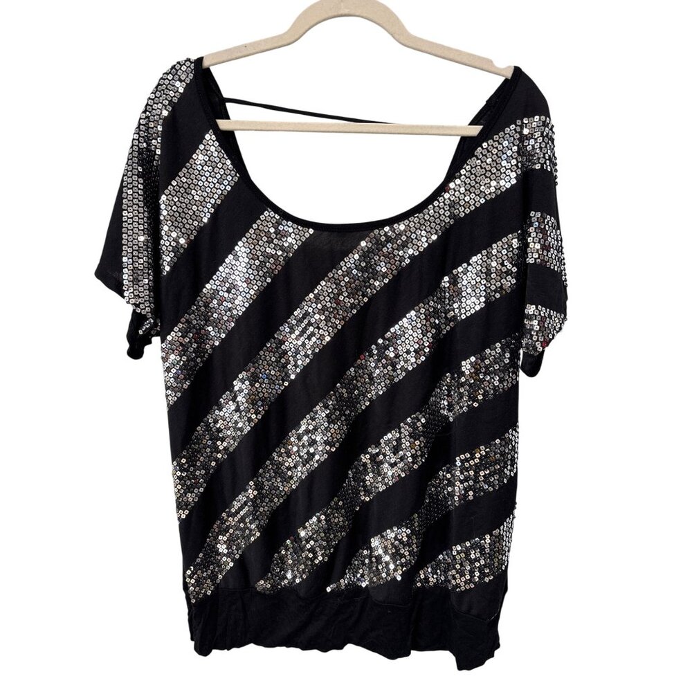 Le Cielo Stripe Sequin Short Sleeve Top Womens 2XL Scoop Neck Black Silver